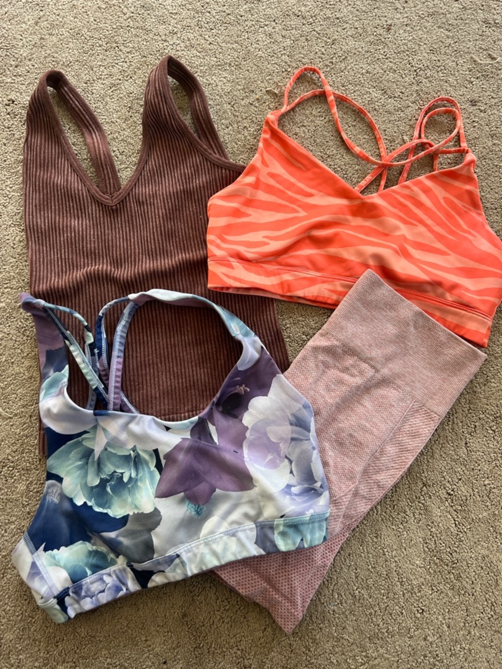 Mixed Activewear Set - Floral, Coral & Brown Tops with Pink spandex